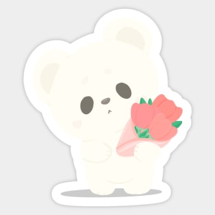 Cute white bear with flower bouquet Sticker